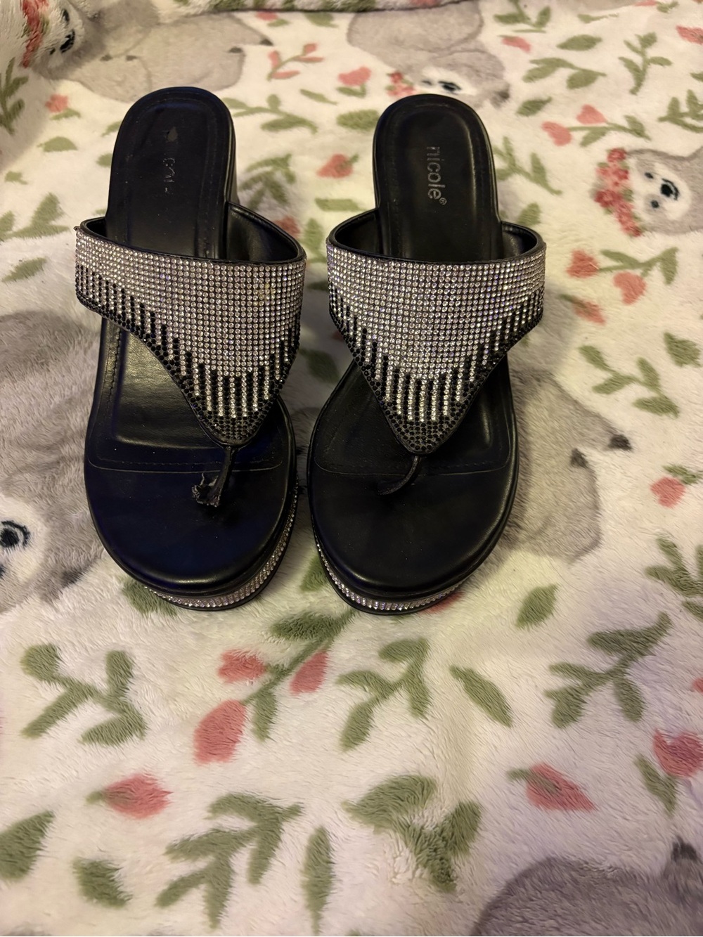 Nicole Black Sandals with Silver Crystal Embellishment